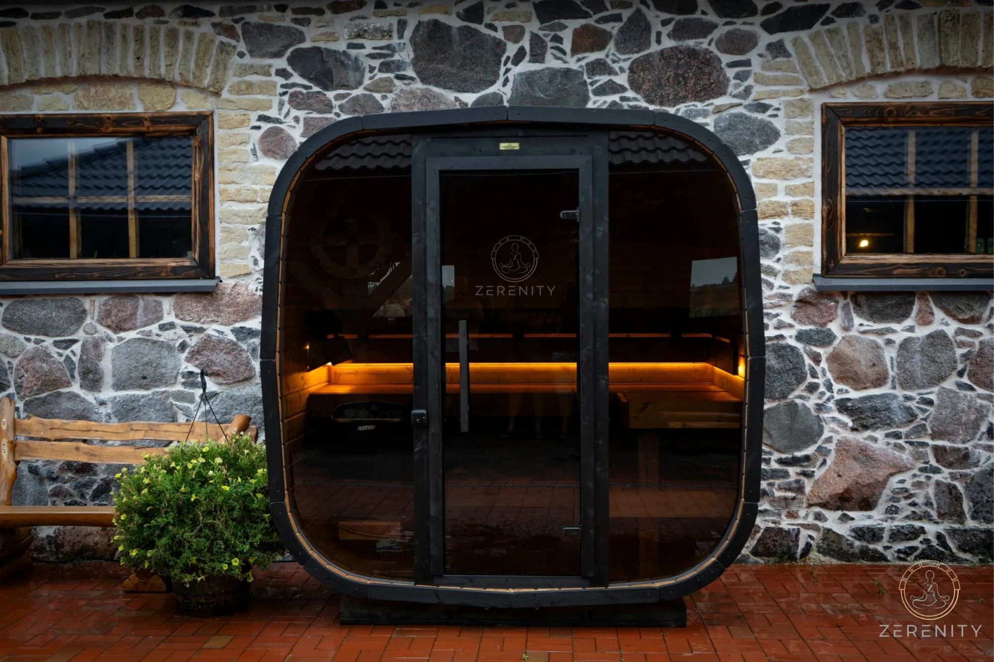 Zerenity Koda barrel sauna with a warm glowing cedar interior