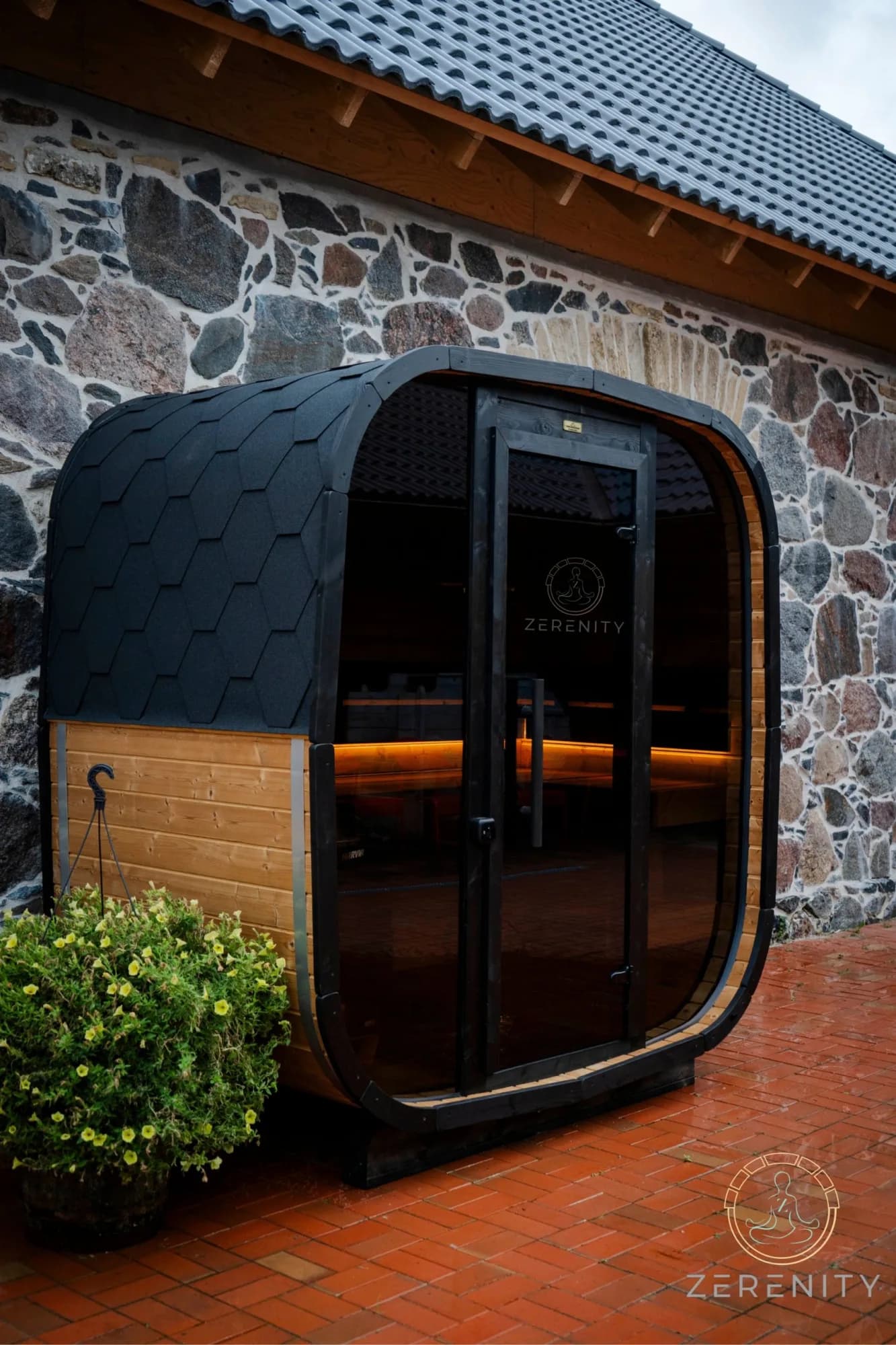 Zerenity European barrel sauna installed in an outdoor setting